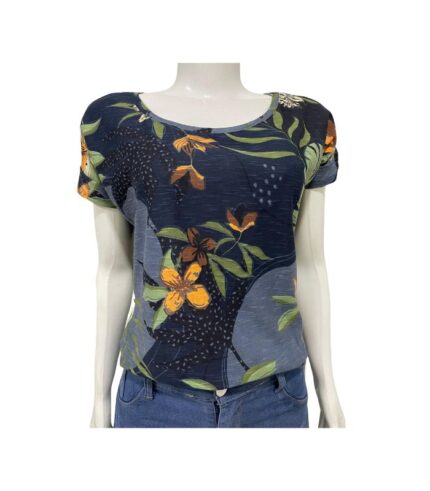 BLUSA FEMININA FLORAL AZUL MARINHO